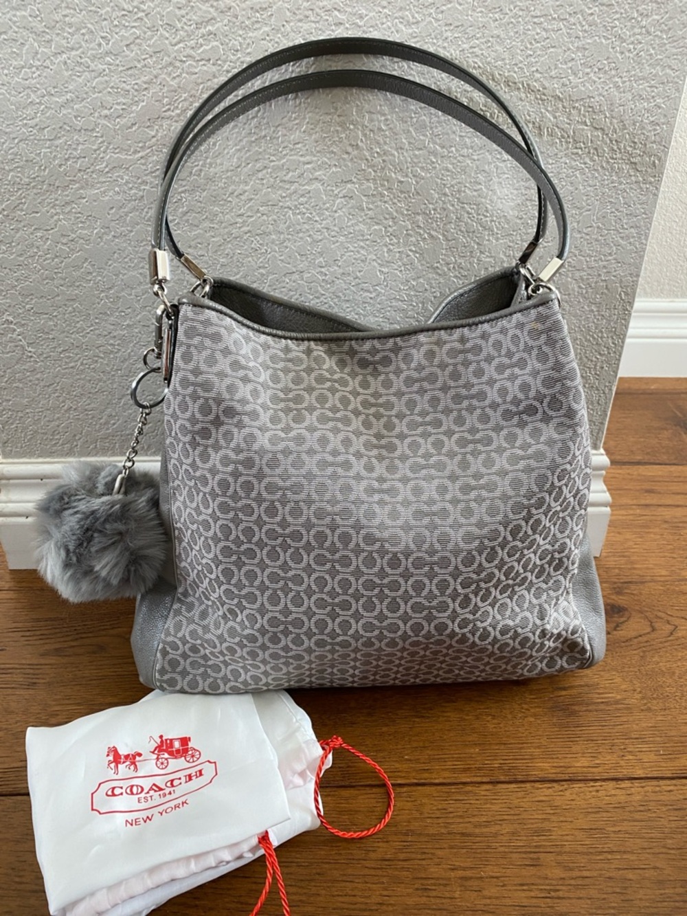 Coach Gray OP Art Needlepoint Madison Phoebe Bag with Pom Charm